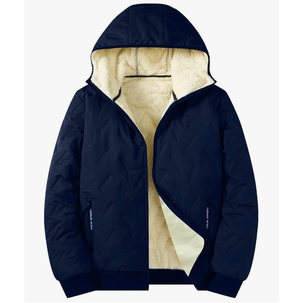 New Sporti Mens Navy Blue Sherpa Lined Quilted Puffer Jacket Hooded Winter Coat